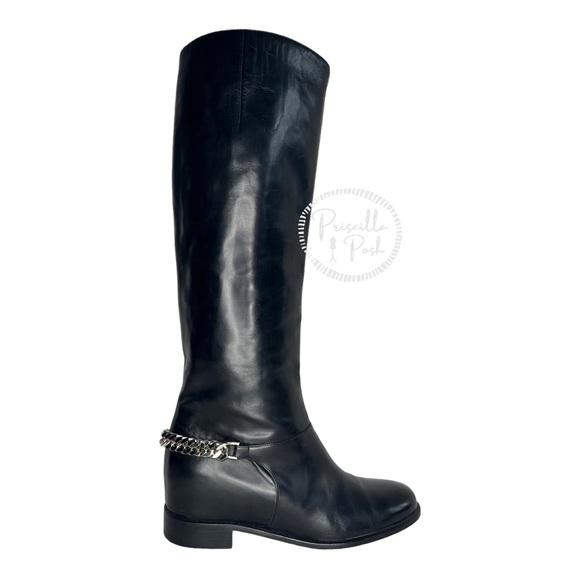 SOLD Christian Louboutin Black Leather Knee High Silver Chain Riding Boots 37 - Picture 12 of 16